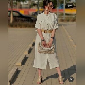 ZARA NWT Linen Blend Midi Dress Shirt with Belt Summer Ecru 3538/709